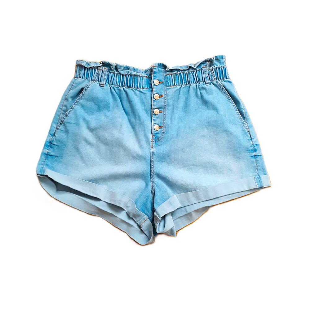 No Boundaries Button Fly Fade Wash Denim Shorts Paper Bag Elastic Waistband SALE